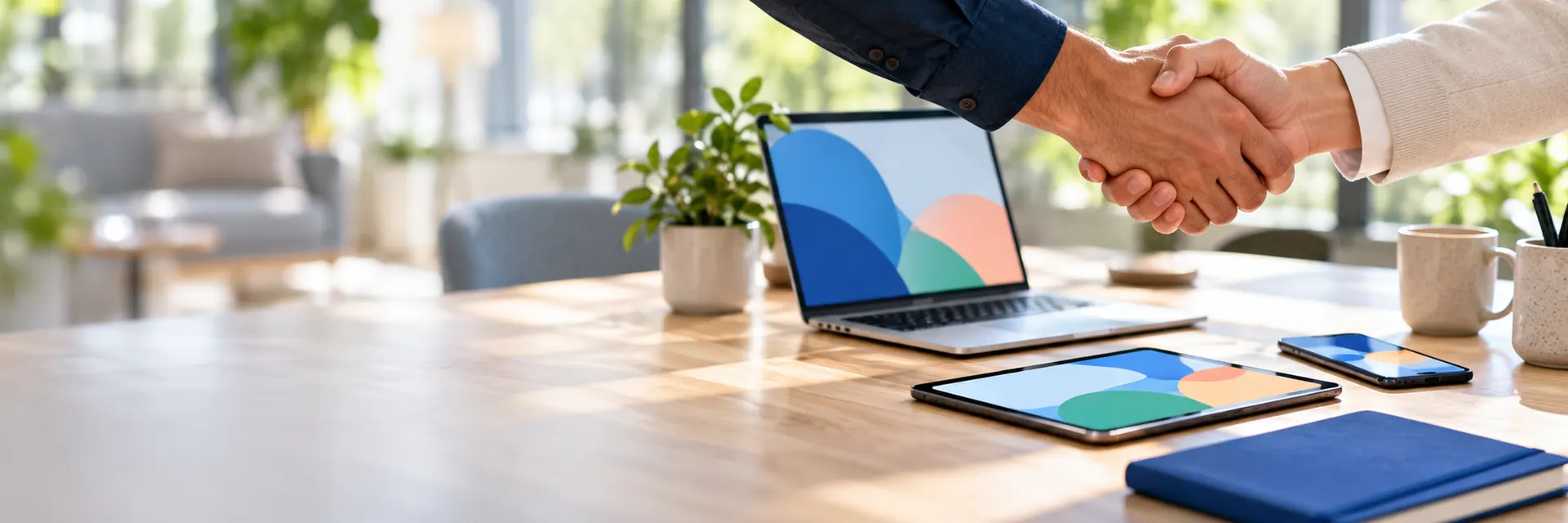 A handshake over a table with a laptop, tablet and phone showing business apps