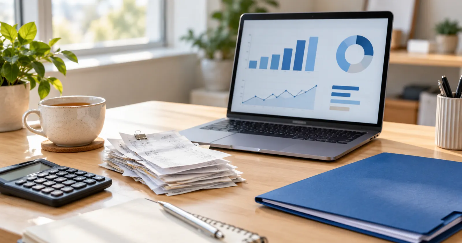 A tidy office desk with receipts next to a laptop showing a bookkeeping dashboard