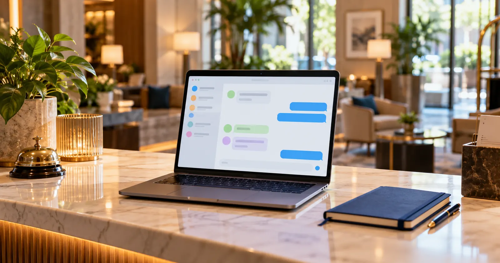 A hotel reception desk with a laptop showing a live chat conversation