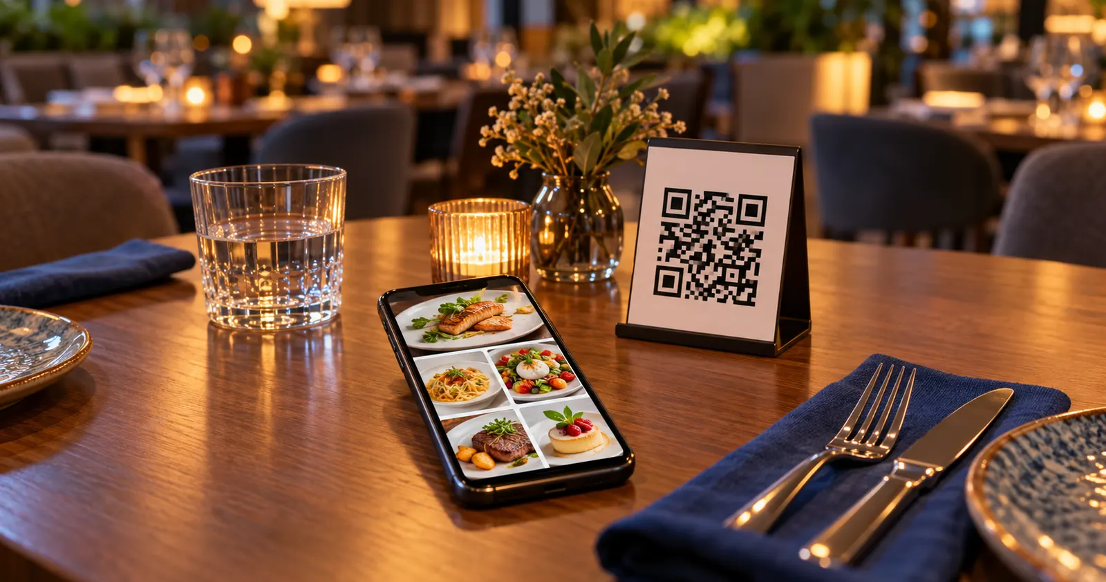 A restaurant table with a phone showing a digital menu next to a QR code stand